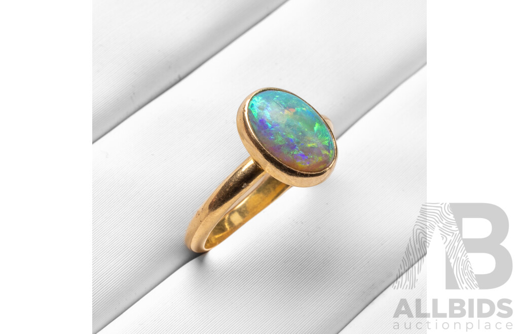 Vintage 18ct Yellow Gold & Opal Solitaire Ring - Size G.5