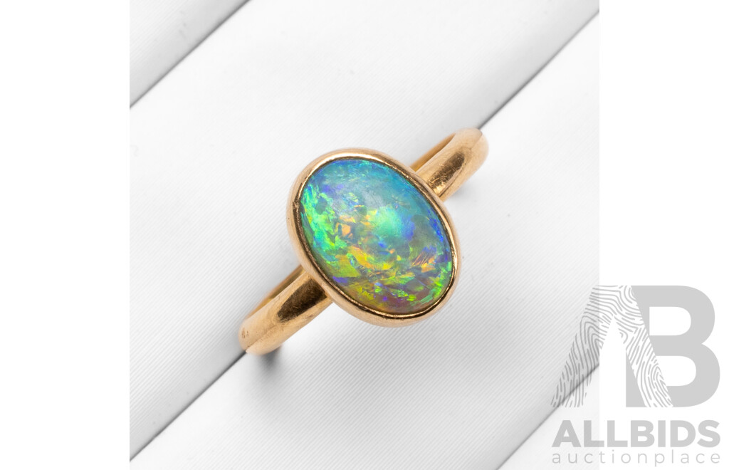 Vintage 18ct Yellow Gold & Opal Solitaire Ring - Size G.5