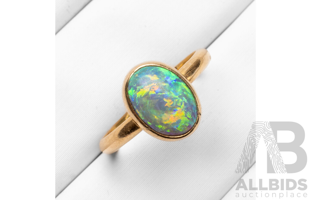 Vintage 18ct Yellow Gold & Opal Solitaire Ring - Size G.5