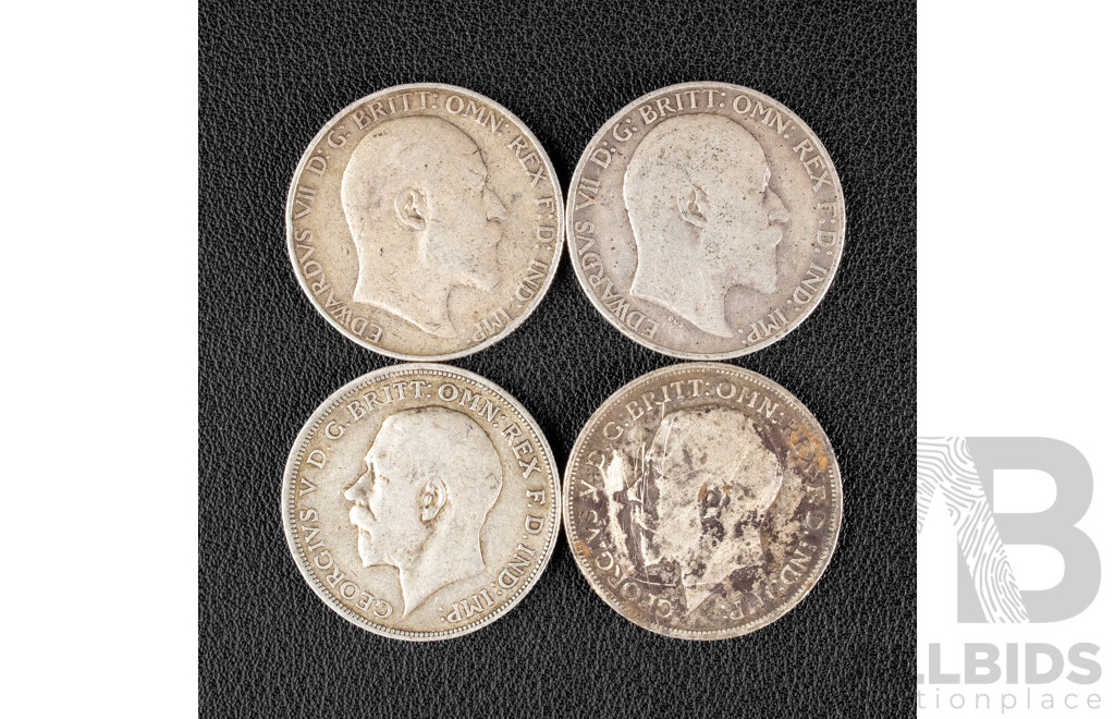 Four Great Britain KGVI Silver Two Shillings Coins, KEVII 190?, 190?, KGV 1916, 1917 .925
