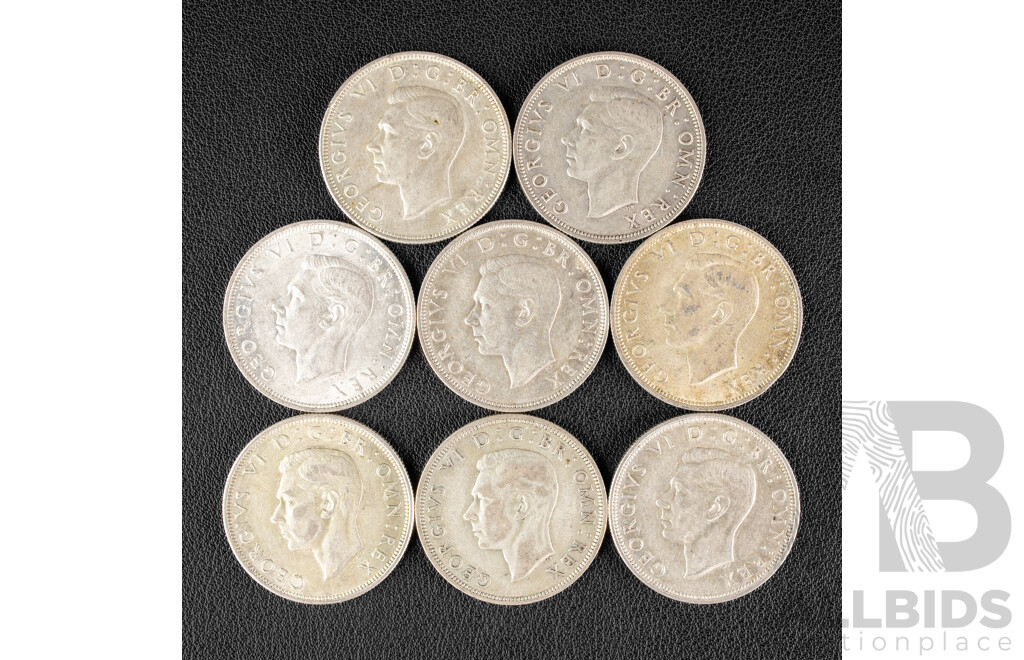 Eight Great Britain KGVI Silver Half Crowns, 1939, 1940, 1941, 1942, 1943, 1944, 1945, 1946 .500