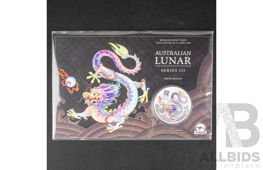 Australian Perth Mint 2024 Silver One Dollar, Australian Lunar Series Three, White Dragon .999