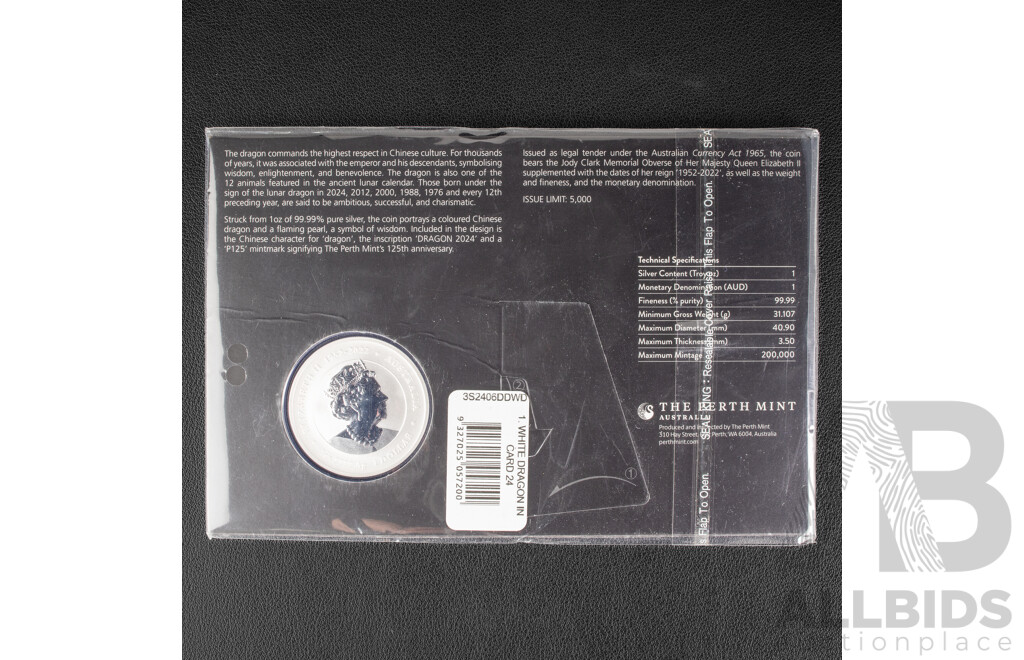 Australian Perth Mint 2024 Silver One Dollar, Australian Lunar Series Three, White Dragon .999