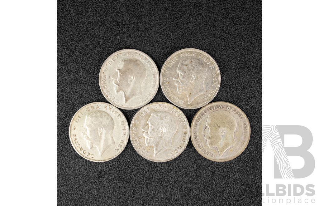 Five Great Britain KGV Silver Half Crowns, 1922, 1923, 1924, 1925, 1926 .500