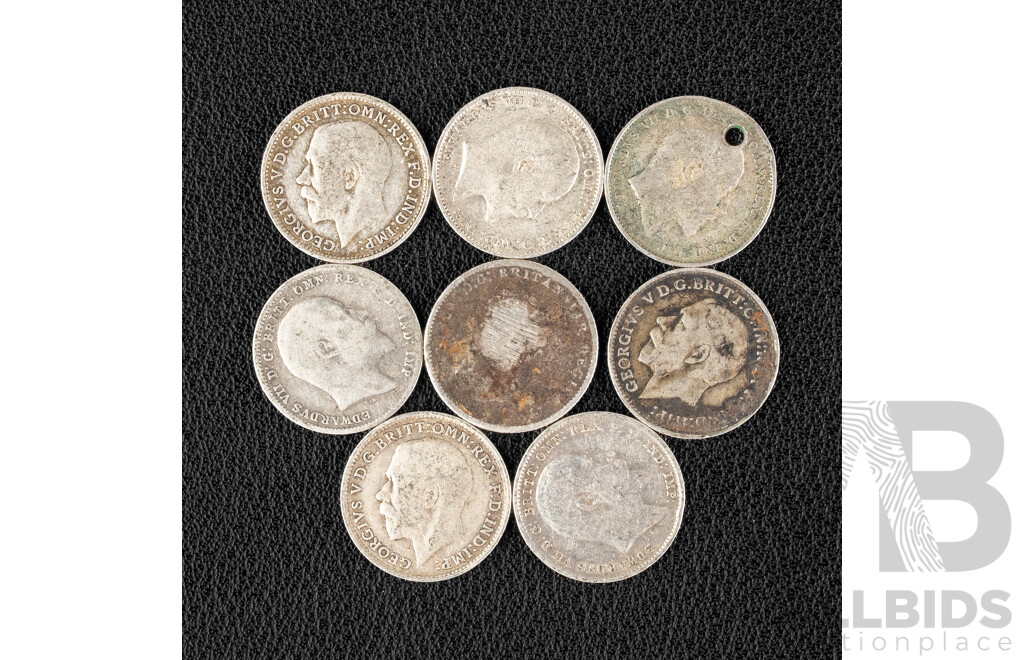Eight Great Britain Silver Threepence Spanning 1854 to 1919 .925