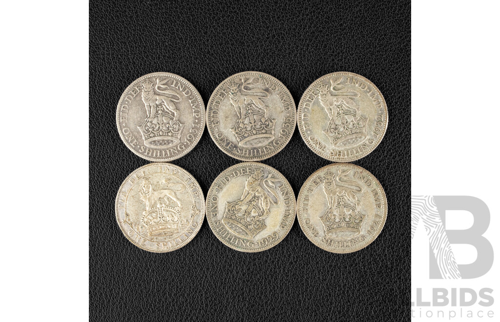 Six Great Britain Silver Shillings, 1925, 1927, 1929, 1931, 1932, 1935 .500