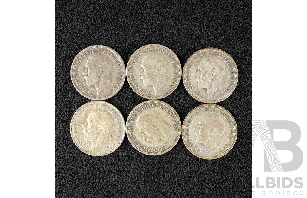 Six Great Britain Silver Shillings, 1925, 1927, 1929, 1931, 1932, 1935 .500