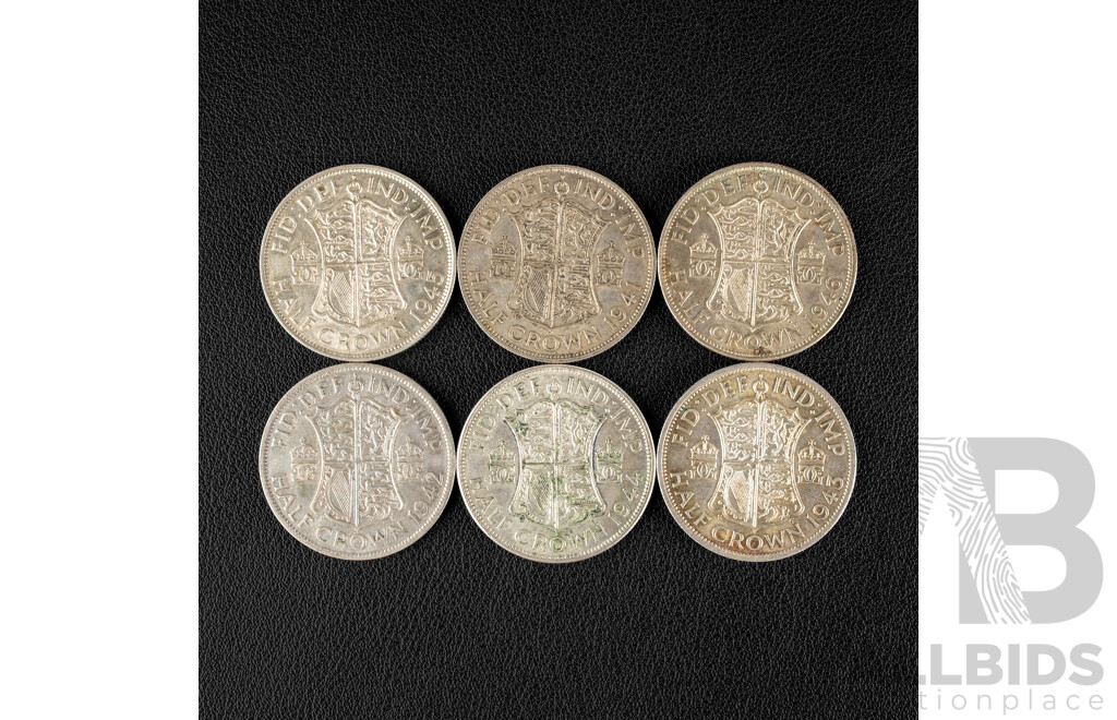 Six Great Britain Silver Shillings, 1941, 1942, 1943, 1944, 1945, 1946 .500