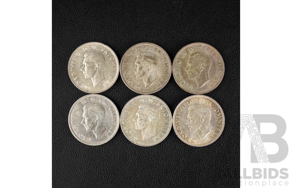 Six Great Britain Silver Shillings, 1941, 1942, 1943, 1944, 1945, 1946 .500