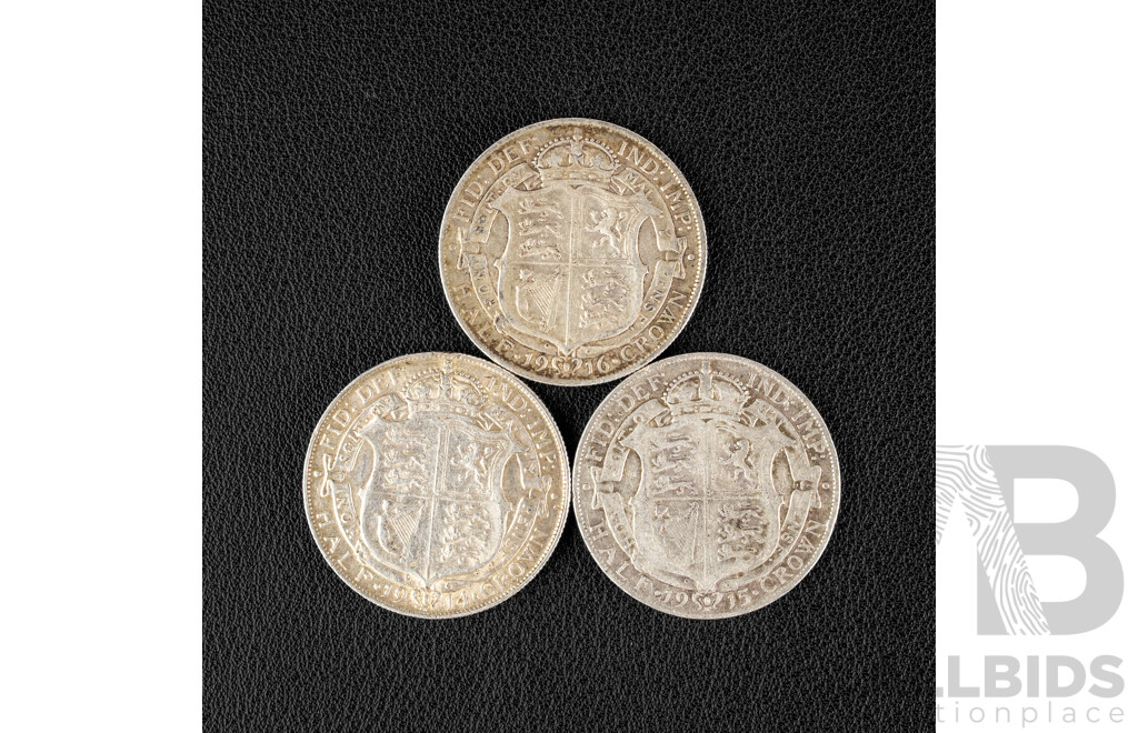 Three Great Britain Silver Half Crowns, 1914, 1915, 1916 .925