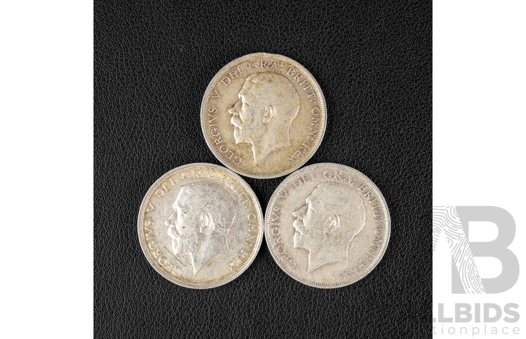 Three Great Britain Silver Half Crowns, 1914, 1915, 1916 .925