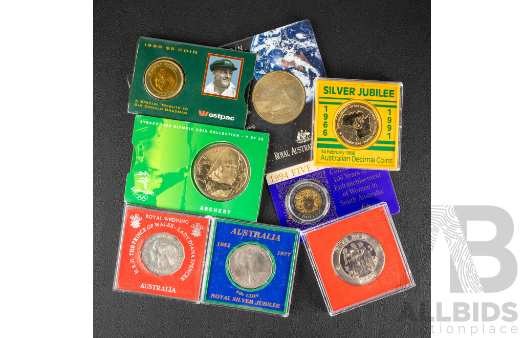 Four Australian Five Dollar Coins, Including 1992 International Year of Space, 1994 Women's Enfranchisement, 1996 Bradman, 2000 Olympics - Archery, 1977 Jubilee and 1981 Charles and Diana Fifty Cent Coins..............