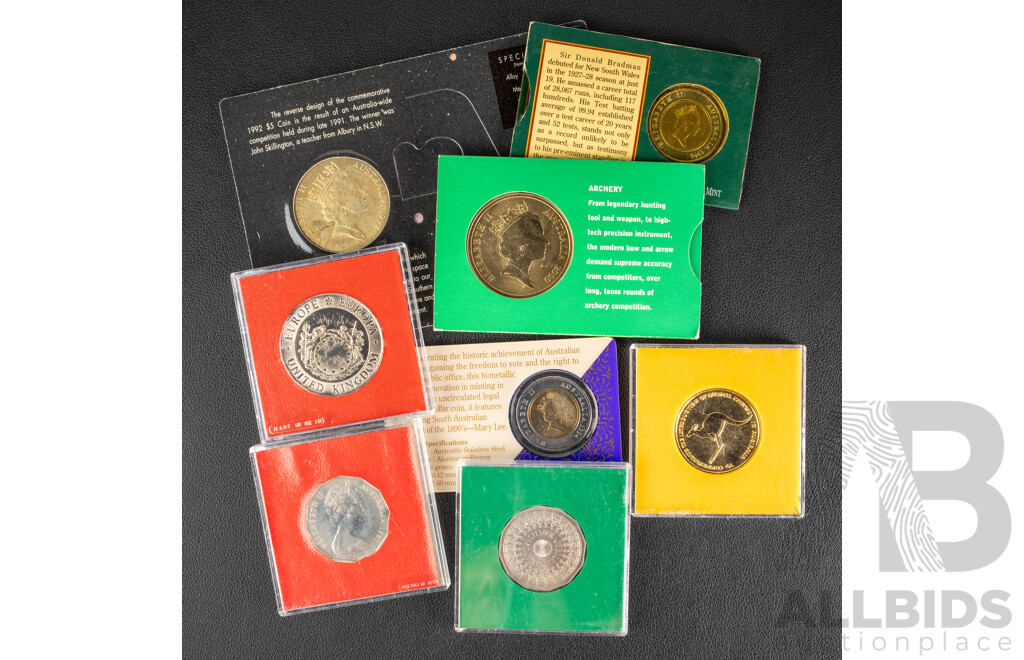 Four Australian Five Dollar Coins, Including 1992 International Year of Space, 1994 Women's Enfranchisement, 1996 Bradman, 2000 Olympics - Archery, 1977 Jubilee and 1981 Charles and Diana Fifty Cent Coins..............