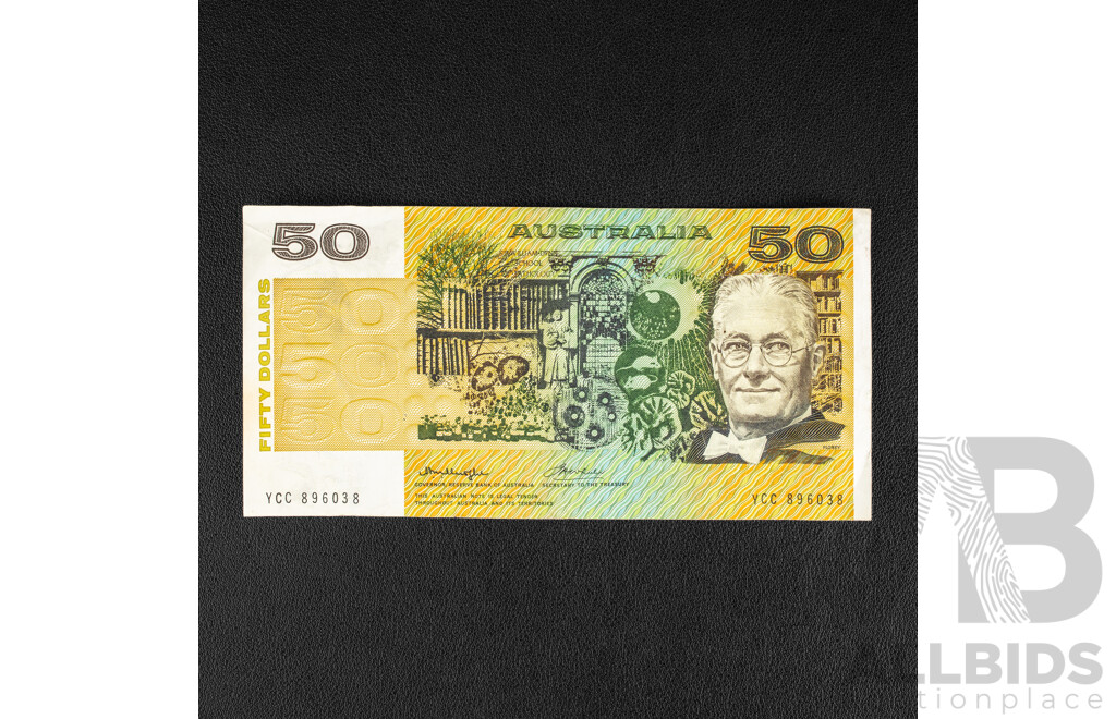 Australian 1975 Fifty Dollar Note, R506b Knight/Wheeler YCC 896038