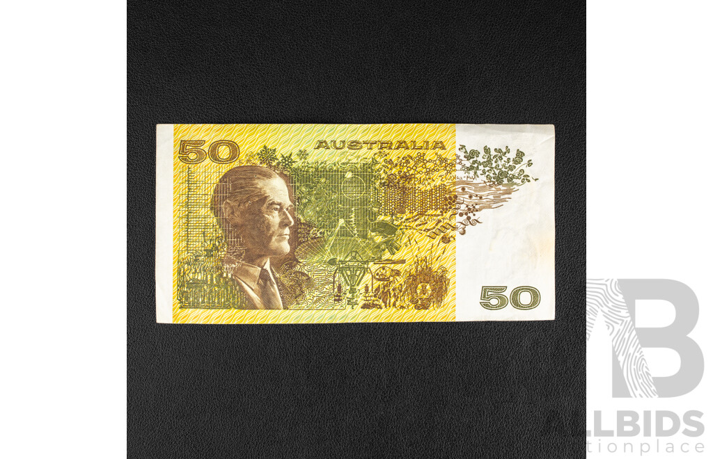 Australian 1975 Fifty Dollar Note, R506b Knight/Wheeler YCC 896038