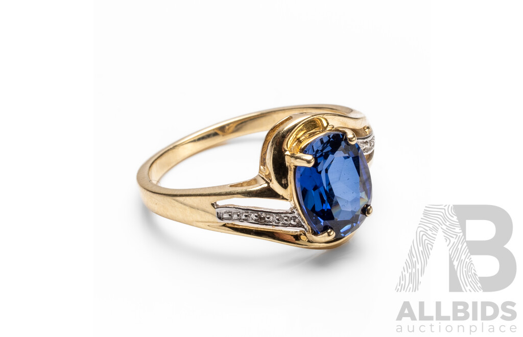 9ct Yellow Gold Sapphire & Diamonds Dress Ring - Size Q
