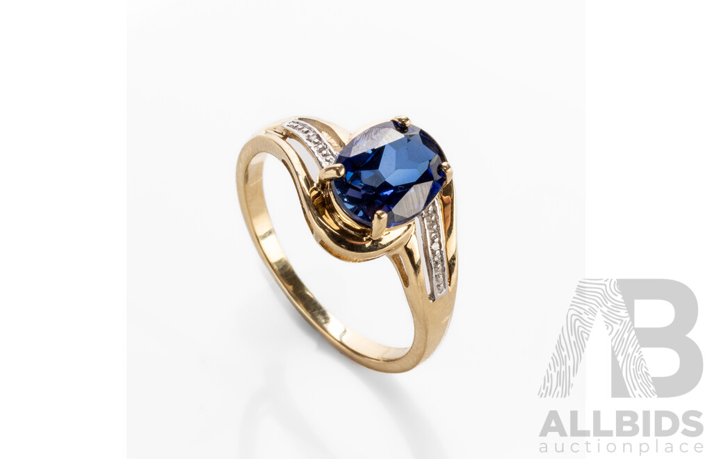 9ct Yellow Gold Sapphire & Diamonds Dress Ring - Size Q