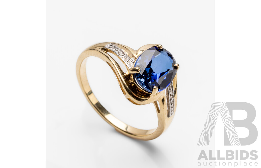 9ct Yellow Gold Sapphire & Diamonds Dress Ring - Size Q