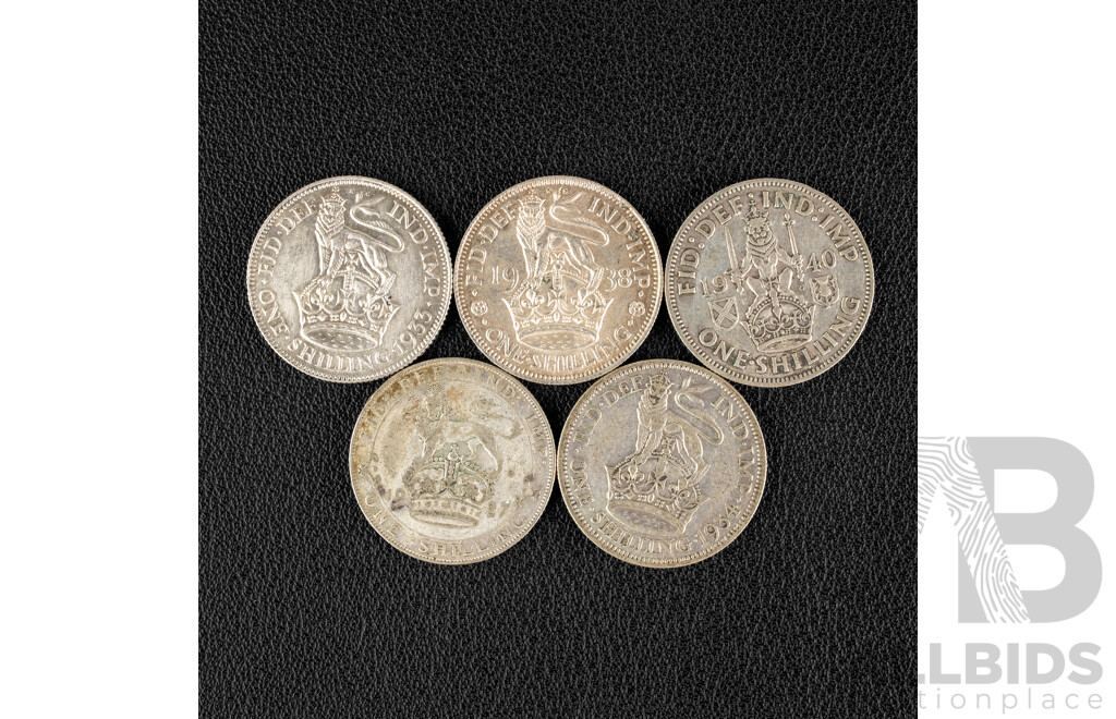 Five Great Britain Silver Shillings Including 1933, 1934, 1937, 1938, 1940  .500