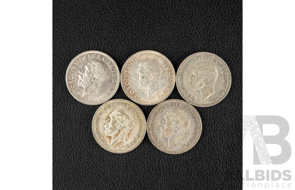 Five Great Britain Silver Shillings Including 1933, 1934, 1937, 1938, 1940  .500