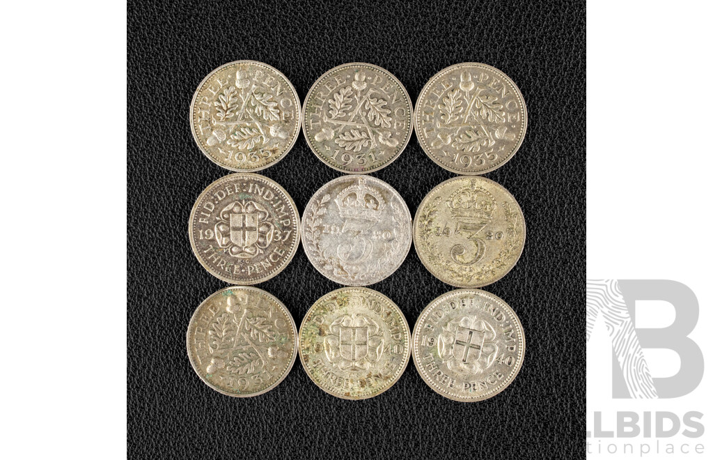Nine Great Britain Silver Threepence Including 1920(2) 1931(2) 1935(2), 1937, 1940(2) .500