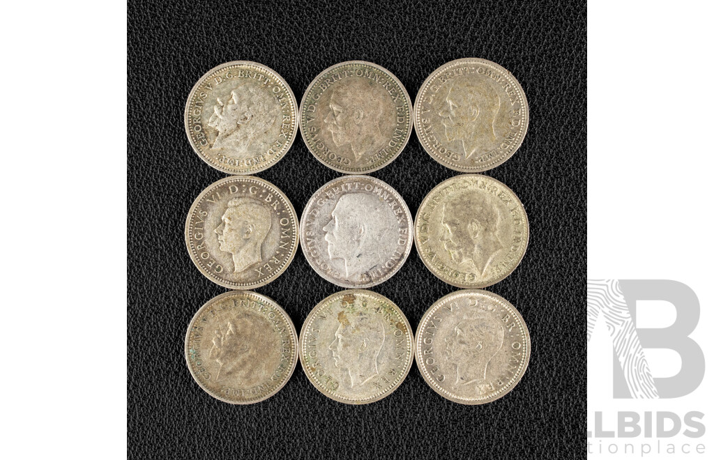 Nine Great Britain Silver Threepence Including 1920(2) 1931(2) 1935(2), 1937, 1940(2) .500