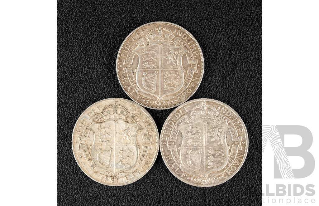 Three Great Britain KGV Silver Half Crowns 1913, 1914, 1915 .925