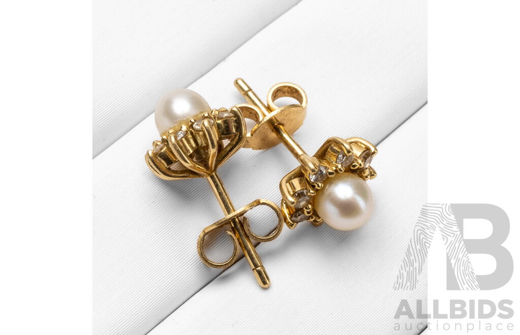 Vintage 14ct Yellow Gold, Pearl & Diamond Studs - 2.76gms