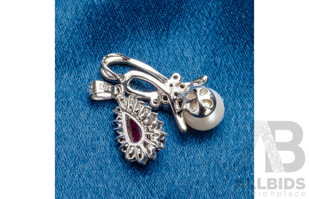 14ct White Gold Diamonds, Ruby, Sapphires & Pearl Pendants - Lot of 2