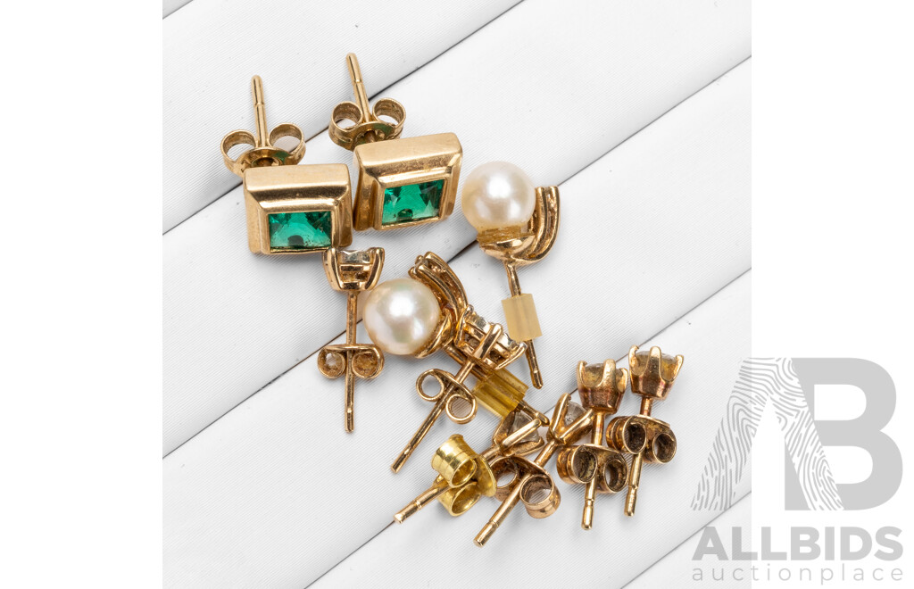 Collection of 9ct Yellow Gold Diamond, Pearl & Created Emerald Earrings - Lot of 5