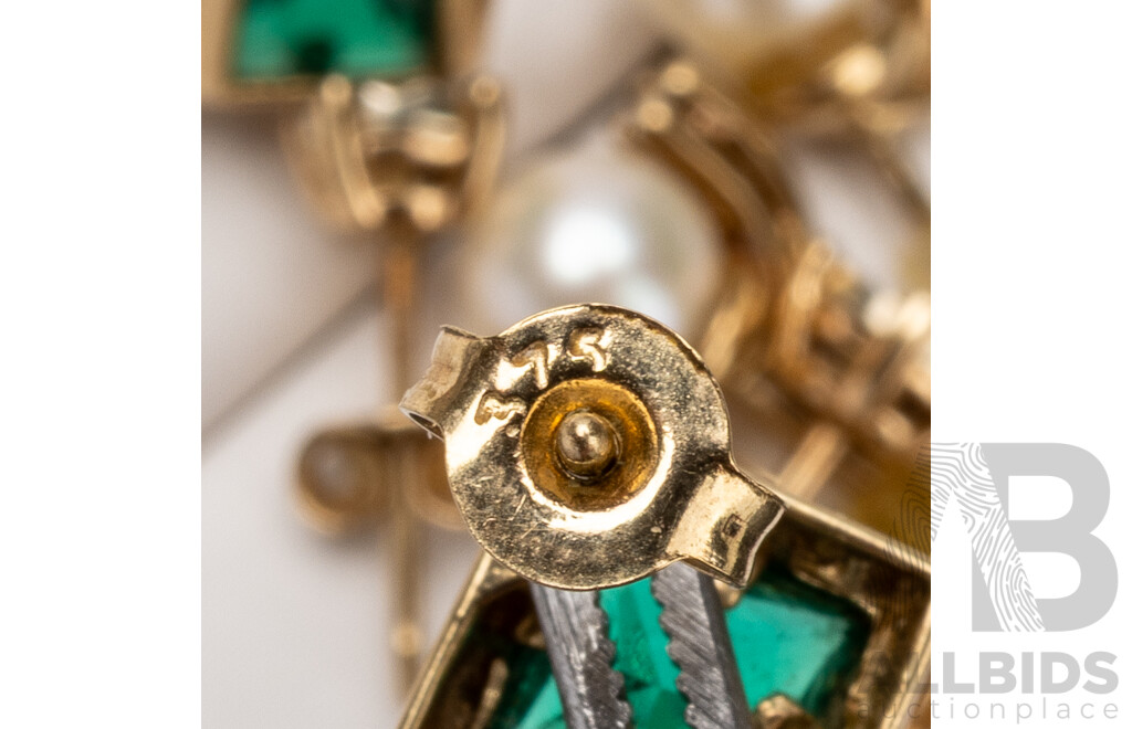Collection of 9ct Yellow Gold Diamond, Pearl & Created Emerald Earrings - Lot of 5