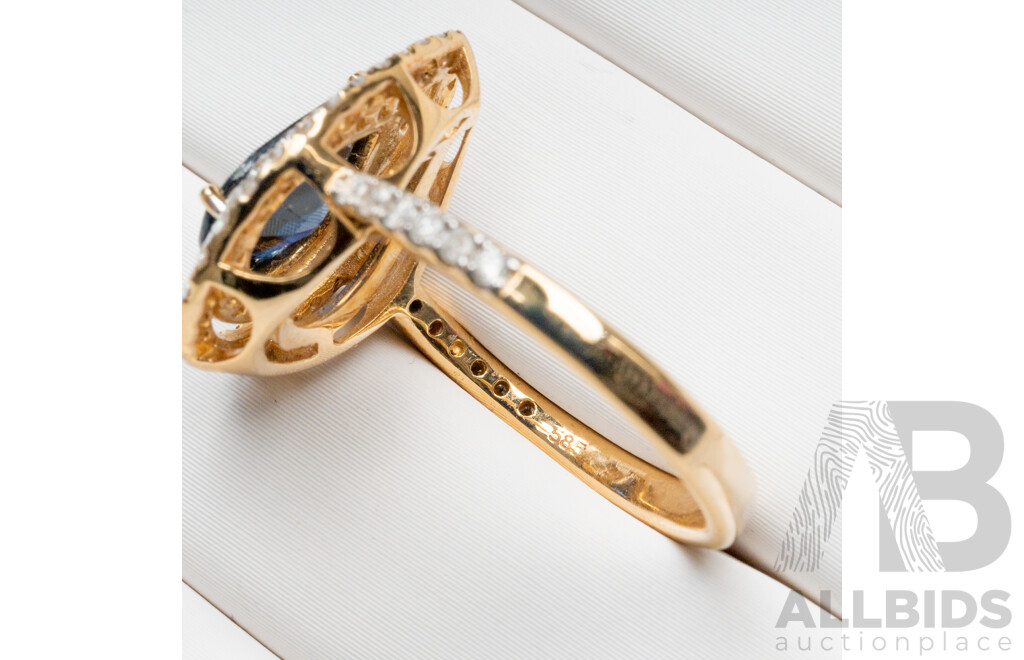 14ct Yellow Gold Dress Ring with Sapphire & Diamonds with Valuation - Size M