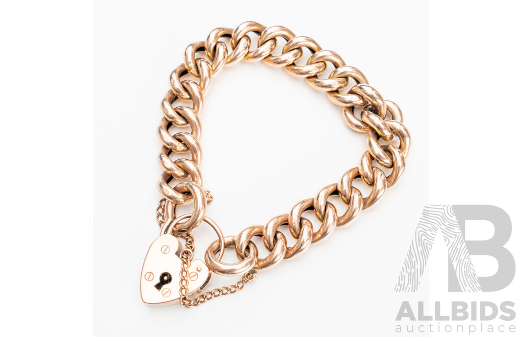 Vintage 9ct Rose Gold Large Curb Link Bracelet with Heart Clasp - 44.5gms