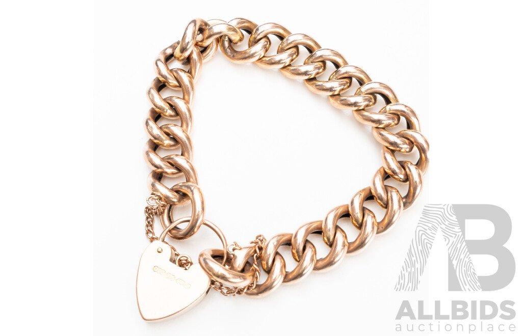 Vintage 9ct Rose Gold Large Curb Link Bracelet with Heart Clasp - 44.5gms