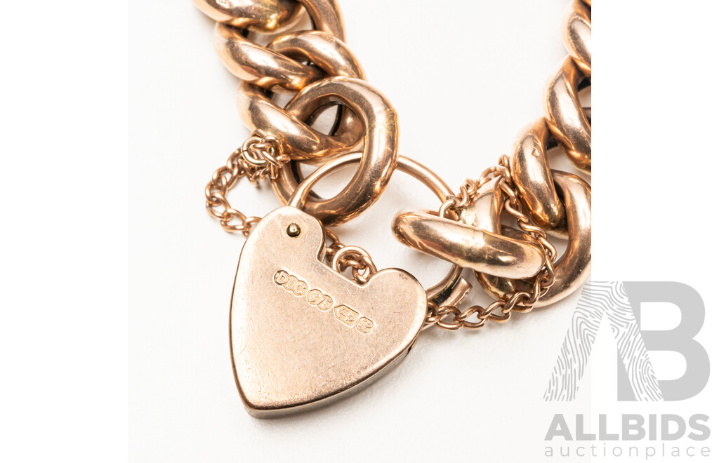 Vintage 9ct Rose Gold Large Curb Link Bracelet with Heart Clasp - 44.5gms