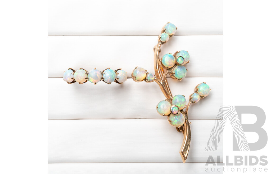 Vintage 9ct Rose Gold & Opal Ring & Brooch Set - 6.87gms