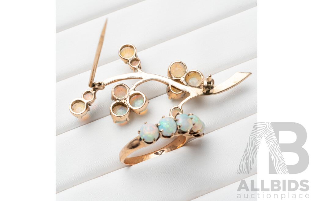 Vintage 9ct Rose Gold & Opal Ring & Brooch Set - 6.87gms