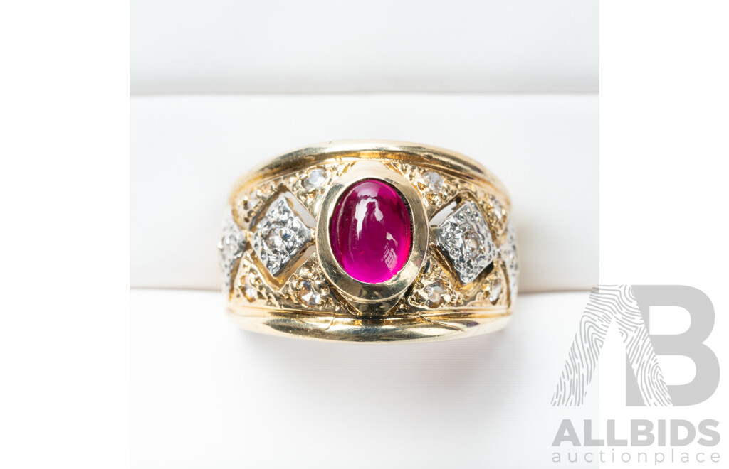Vintage 14ct Yellow Gold Ruby & Cubic Zirconia Ring - Size O