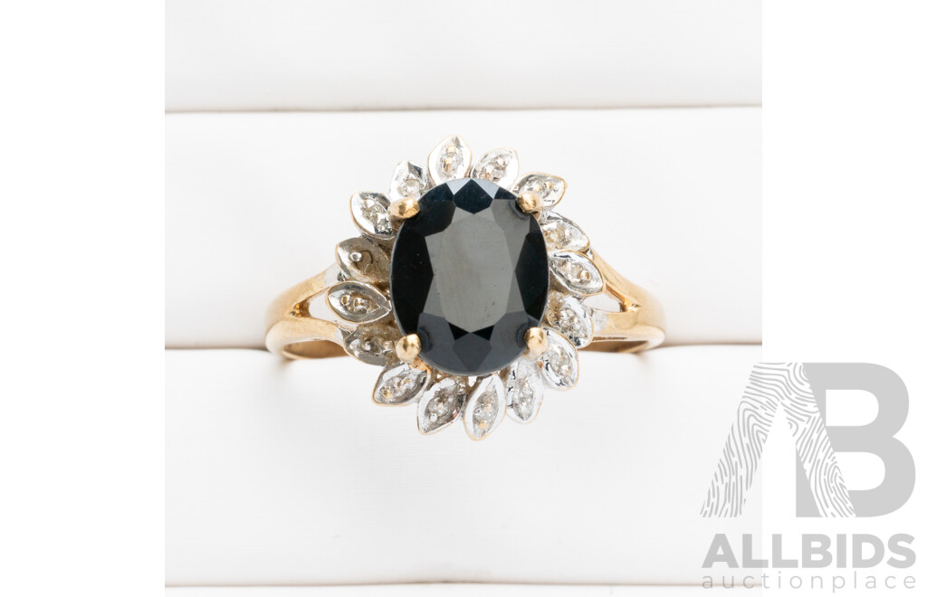 9ct Yellow Gold, Sapphire & Diamonds Dress Ring - Size U.5