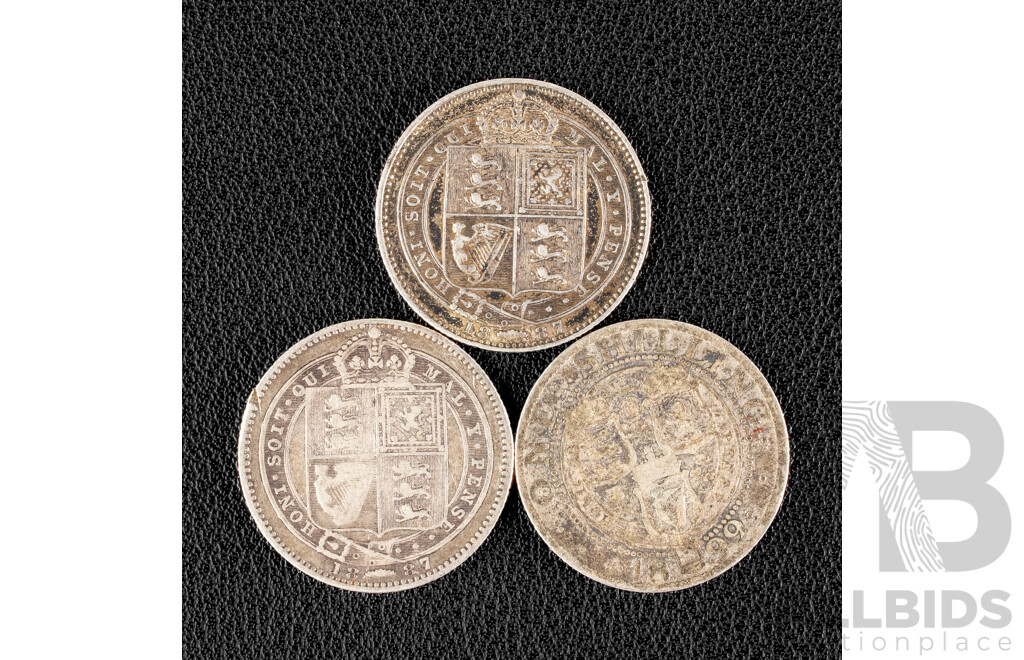 Two Great Britain 1887 QV Silver One Shillings, Jubilee Head and 1899 Silver One Shilling, Old Veiled Head  .925