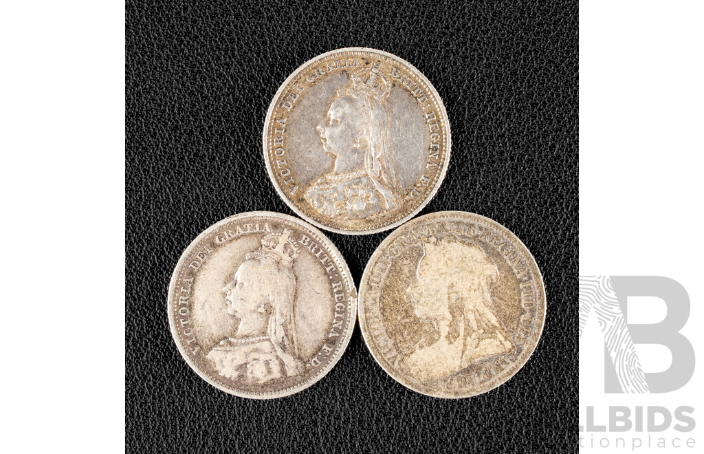 Two Great Britain 1887 QV Silver One Shillings, Jubilee Head and 1899 Silver One Shilling, Old Veiled Head  .925