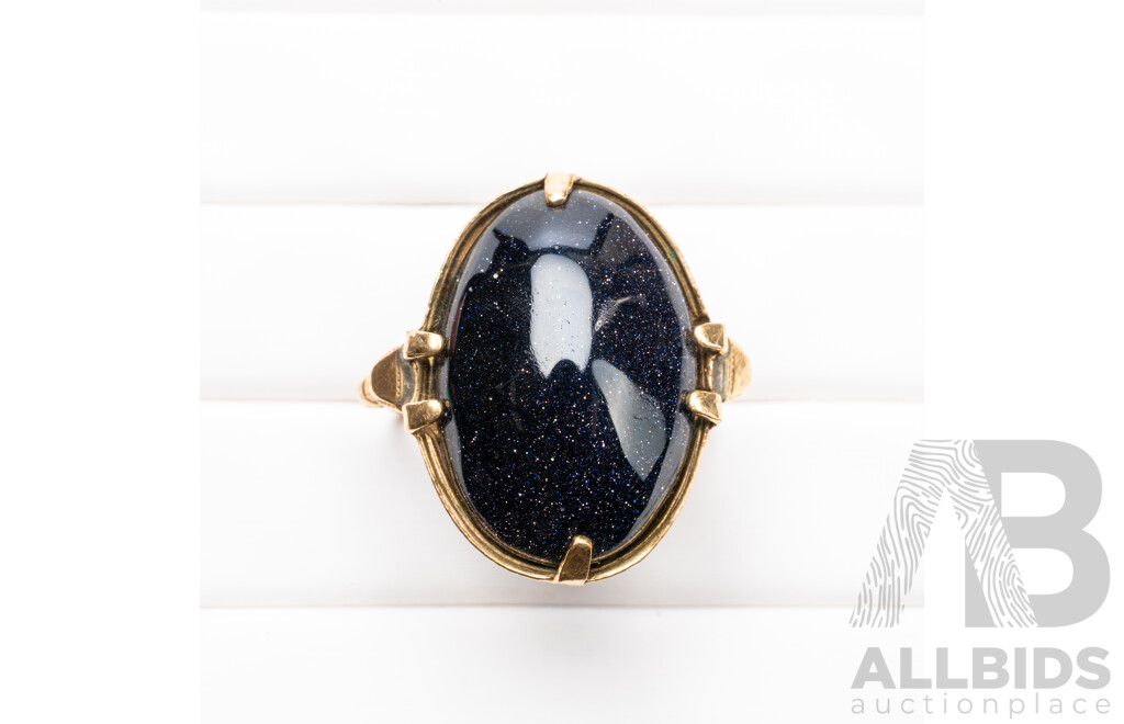 Vintage 1/20 10ct Gold & Dark Blue Gold Stone Ring - Size S