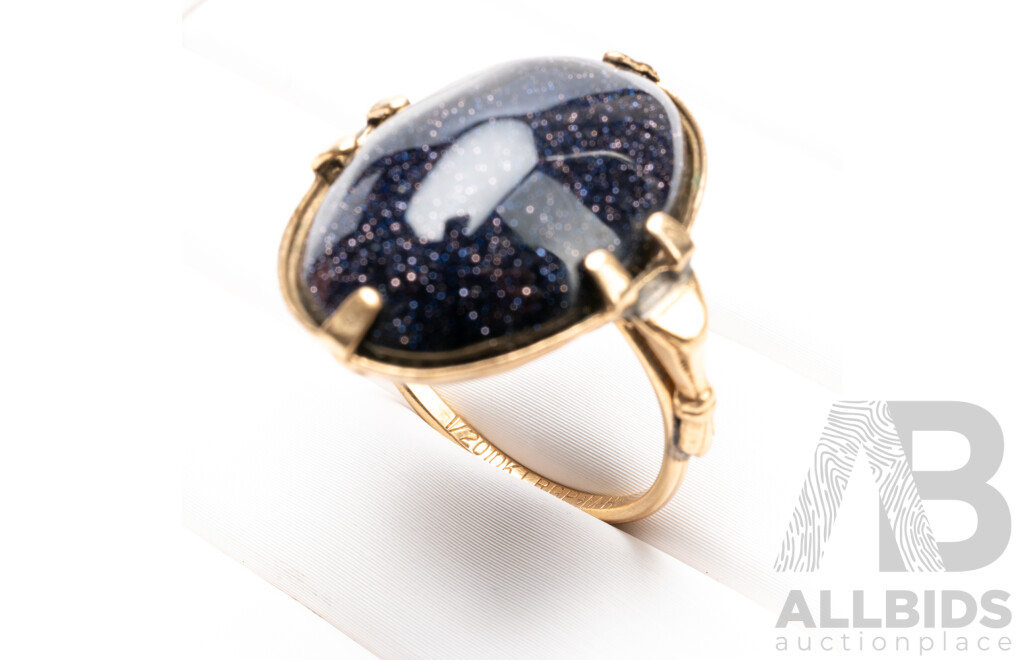 Vintage 1/20 10ct Gold & Dark Blue Gold Stone Ring - Size S