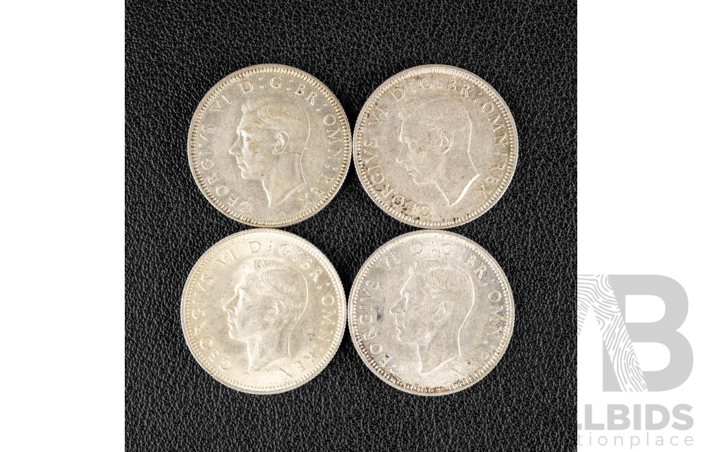 Four Great Britain KGVI Silver Shillings, 1938, 1939, 1942, 1946 .500