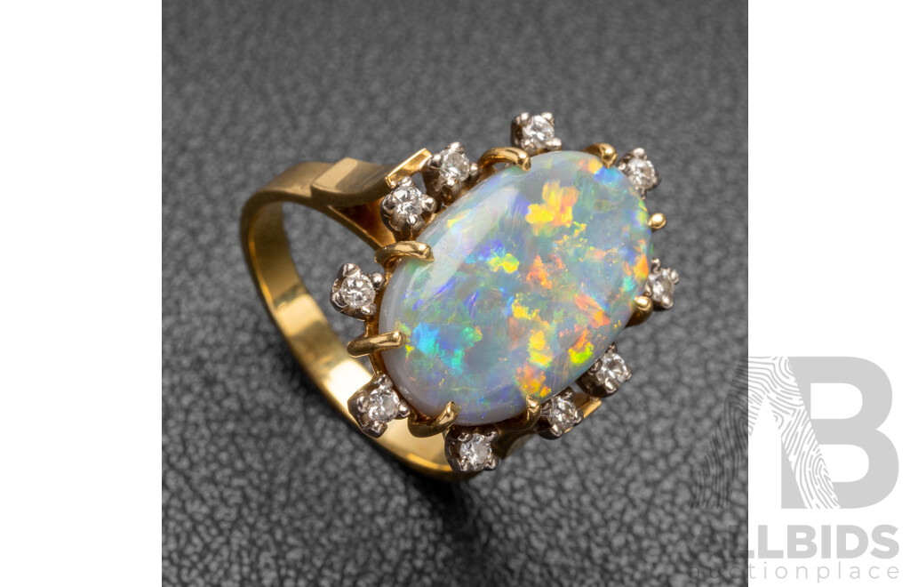 18ct Yellow Gold Opal & Diamonds Dress Ring - Size M