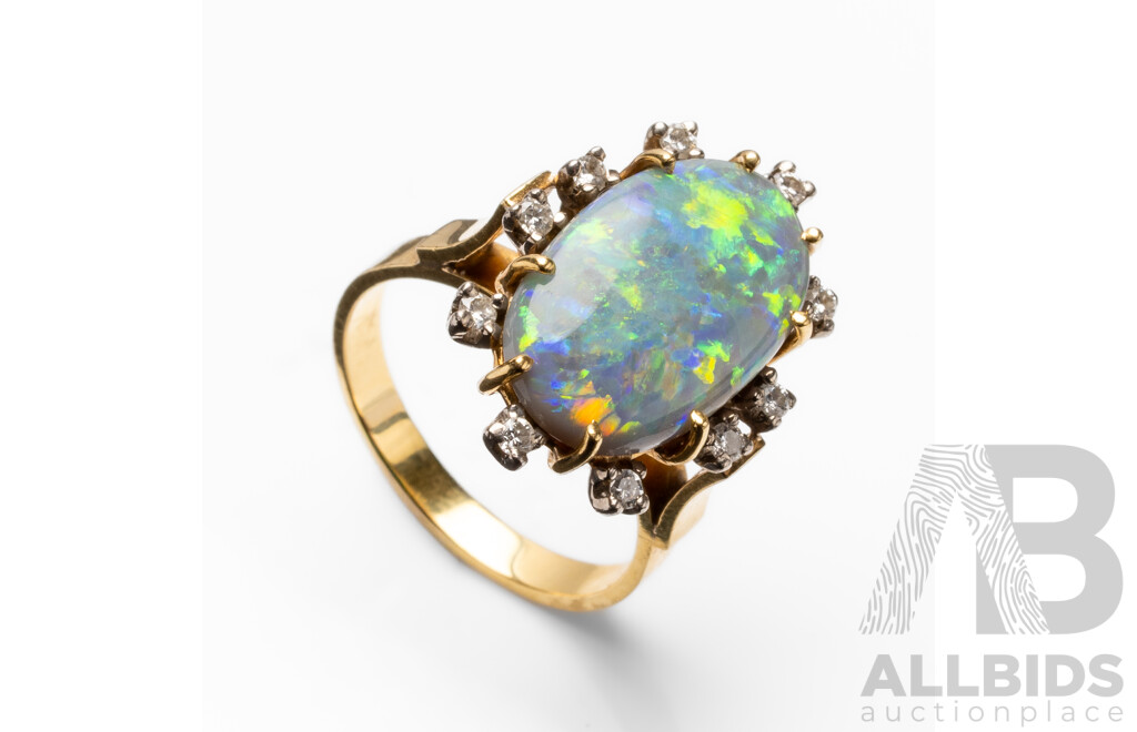 18ct Yellow Gold Opal & Diamonds Dress Ring - Size M