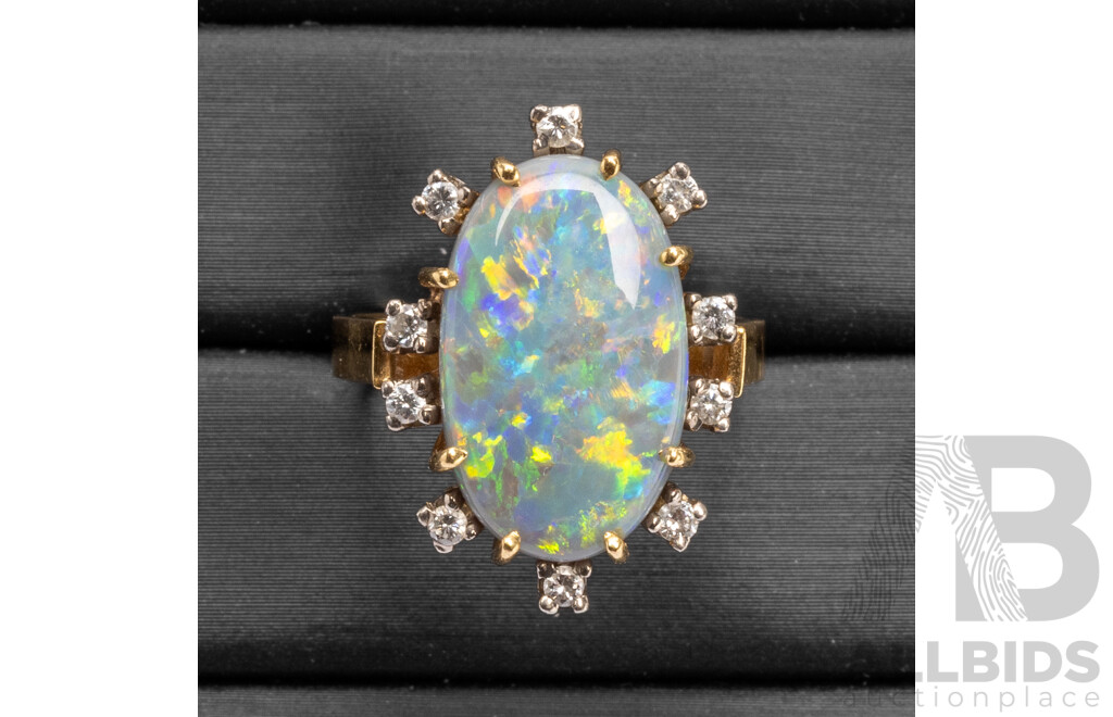 18ct Yellow Gold Opal & Diamonds Dress Ring - Size M