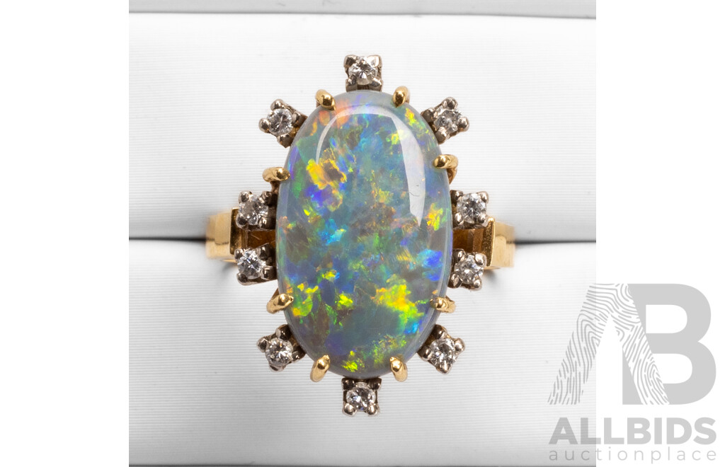 18ct Yellow Gold Opal & Diamonds Dress Ring - Size M