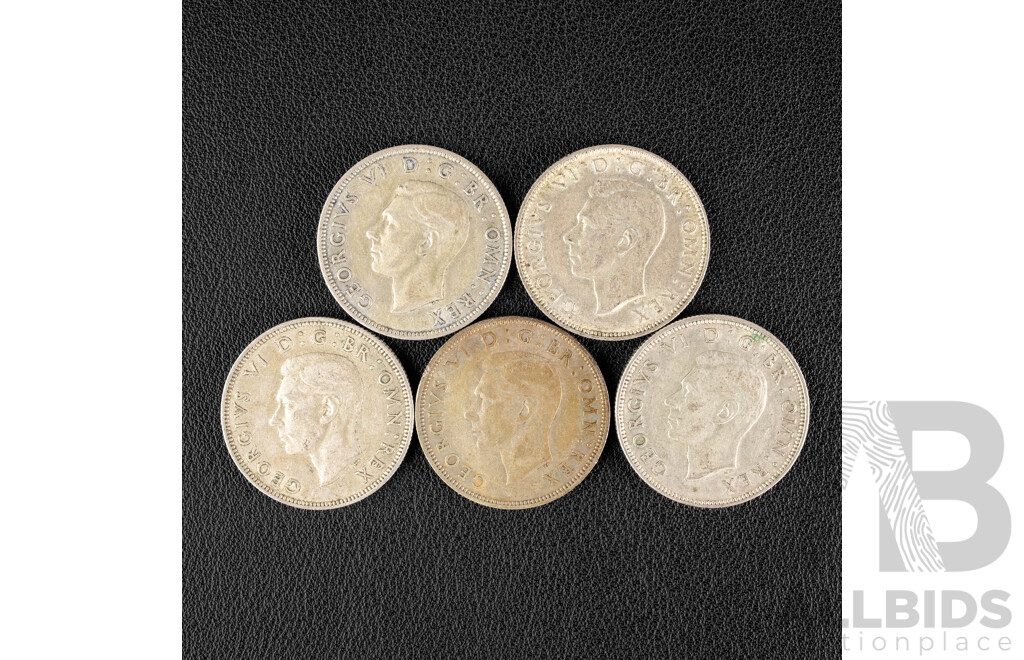 Five Great Britain KGVI Silver Two Shillings Coins, 1942, 1943, 1944, 1945, 1946 .500