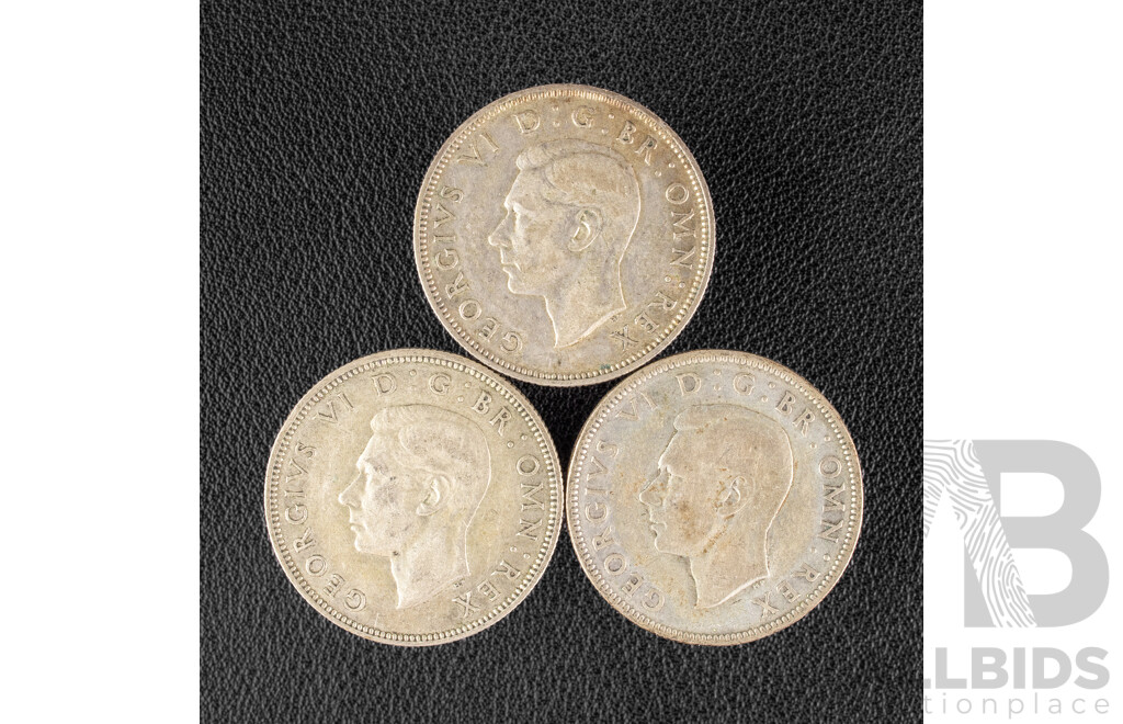 Three Great Britain KGVI Silver Two Shillings Coins, 1937, 1938, 1939  .500